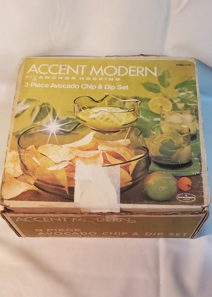 Anchor Hocking Avocado Chip and Dip 3 Piece Set with Original Box