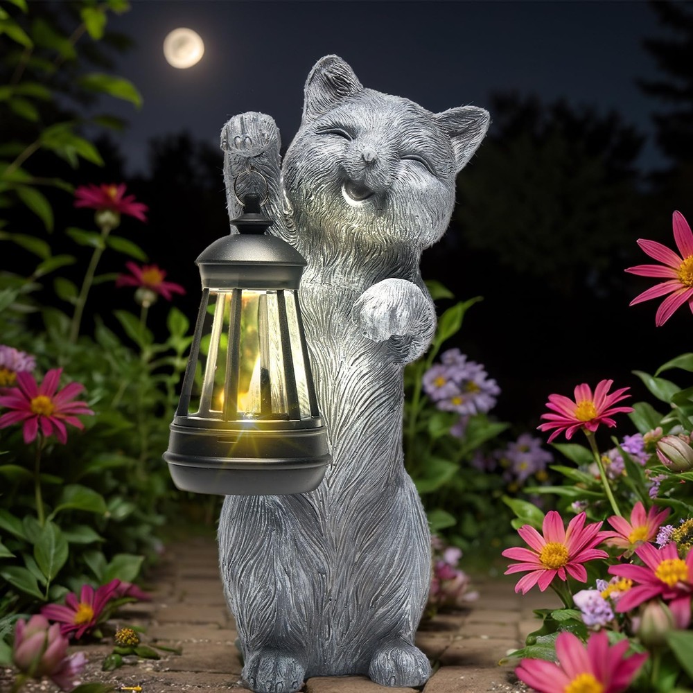 Solar Cat Statues with LED Lanterns for Garden & Yard Decor