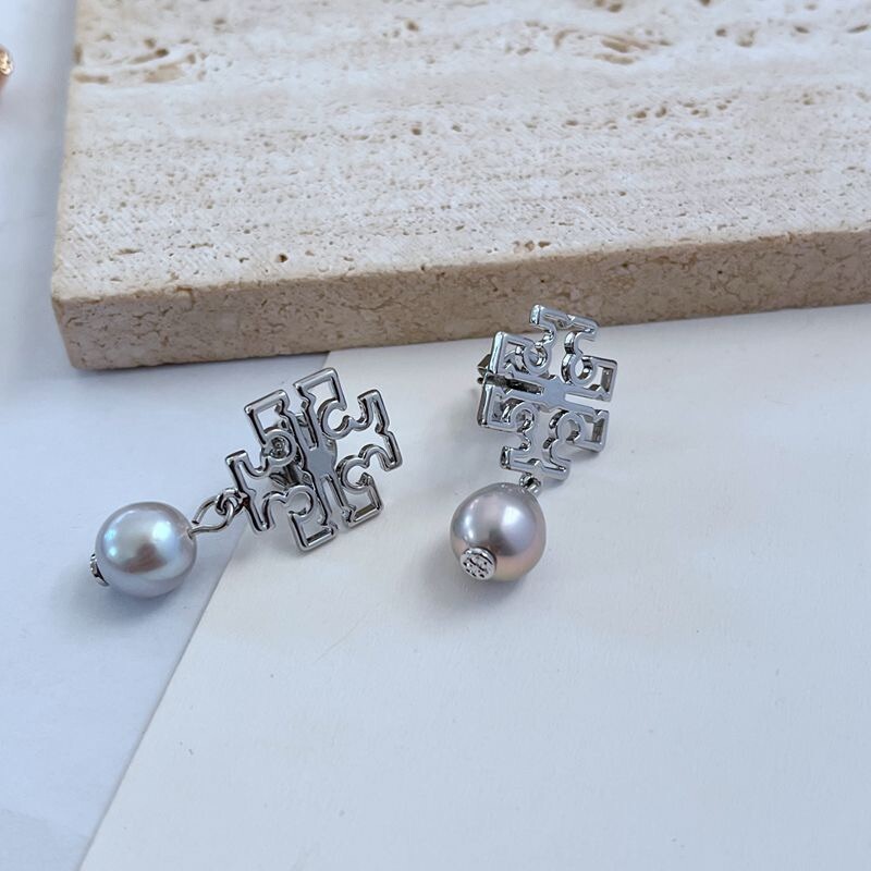 Tory Burch Classic DoubleT Pearl Drop Lady Classic Earrings