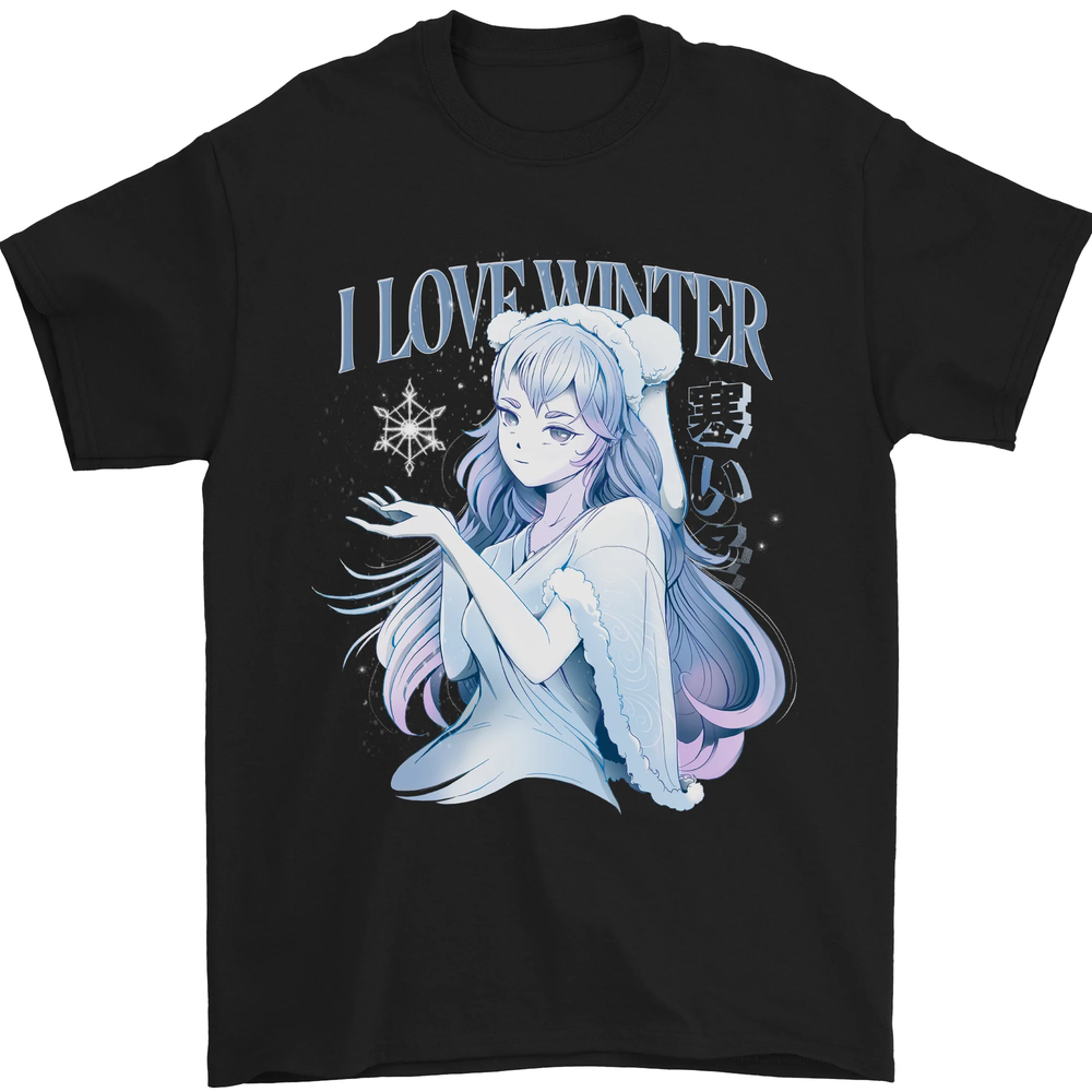 I Love Winter Anime Japanese Text Mens T-Shirt 100% Cotton