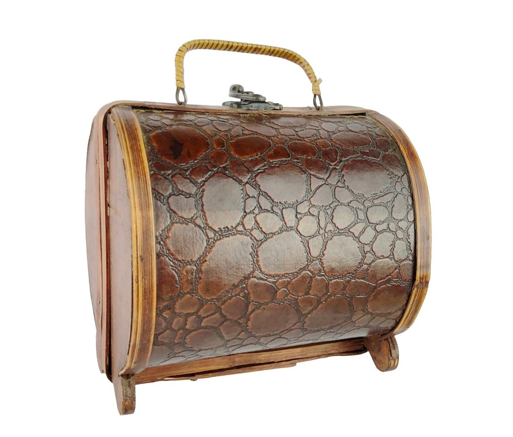 Wooden Barrel Purse or Decorative Box with Top Opening 6x6 Inches Cute Pretty Design