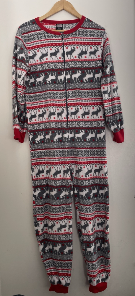PJs & Presents Women's Fair Isle Christmas Holiday Fleece Zip 1-Piece PJs Gray L