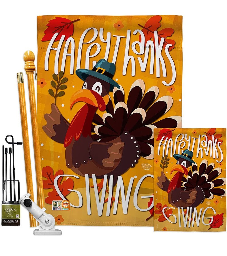 FK192043-BO Happy Turkey Fall Thanksgiving Decorative Vertical Kit, Thick Fab...