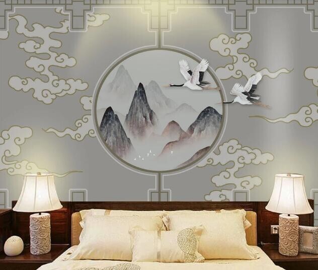 3D Mountain Crane Peel and Stick Self-Adhesive Wall Mural ZHUA40580