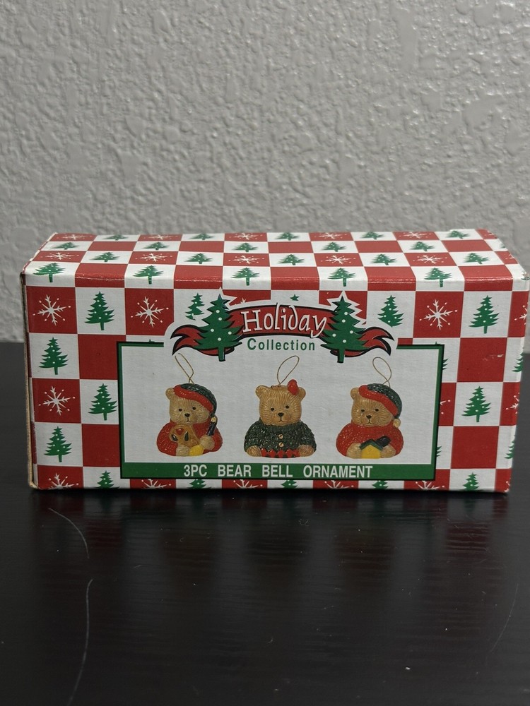 WORLD BAZAARS 3 Little BEAR BELL Glazed Pottery Ornaments Holiday Collection NEW