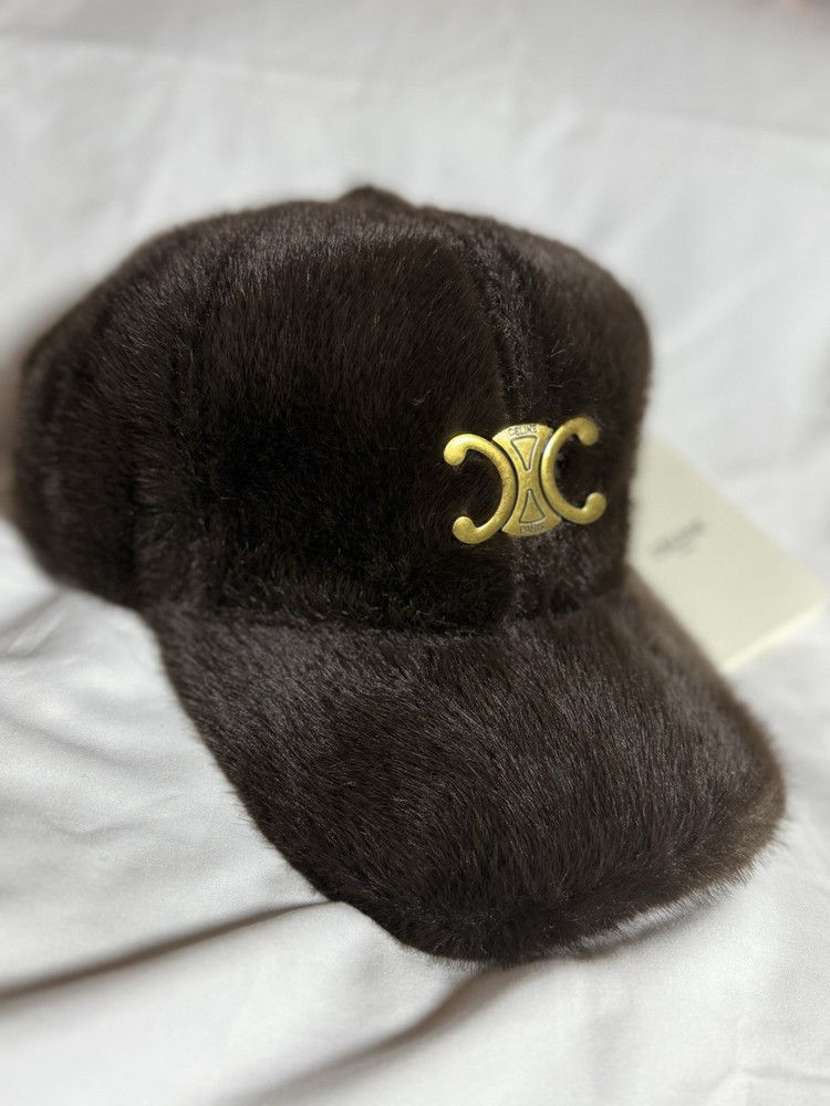 Celine Faux fur Baseball Cap Triumph logo Vintage Gold Hardware Brown Fur Soft