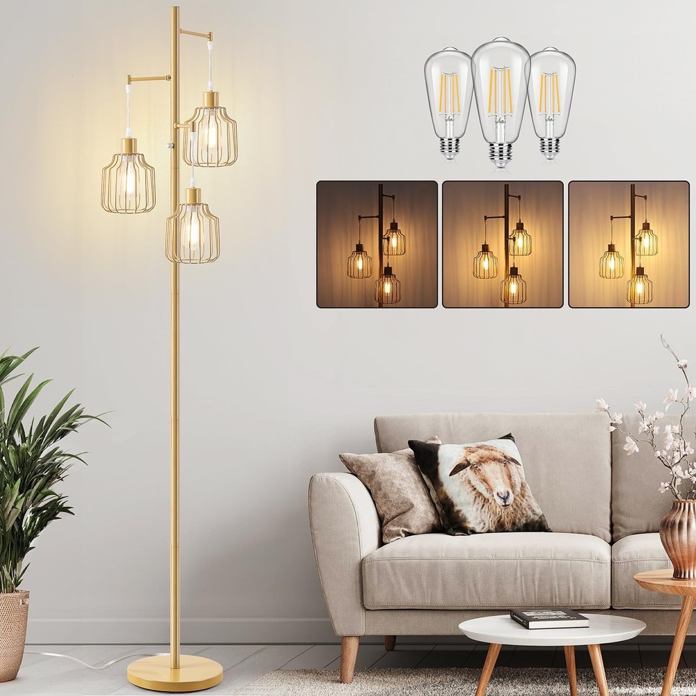 Dimmable Farmhouse Floor Lamp with 3 LED Edison Bulbs Tall Standing Light