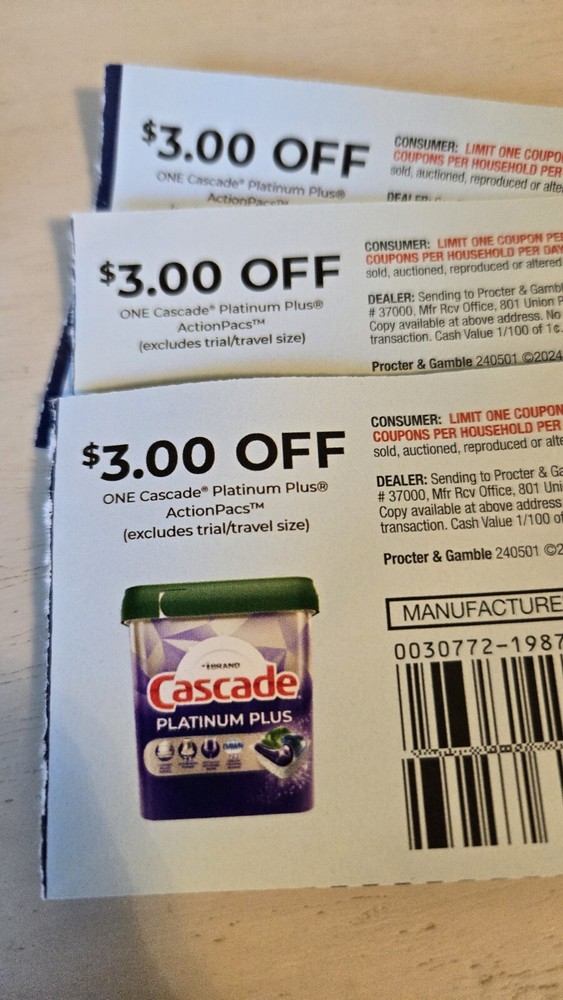 (5) Cascade Actionpacs Dishwasher Coupons $3 off Each. $15 Value