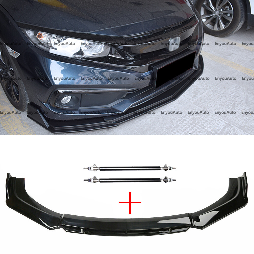 For Honda Accord Front Bumper Lip Spoiler Splitter + Strut Rods Glossy Black