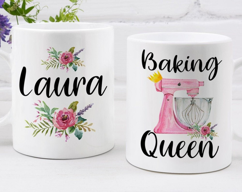 Custom Name Baking Queen Floral Mug Funny Gift for Pastry Chef Who Loves to Bake