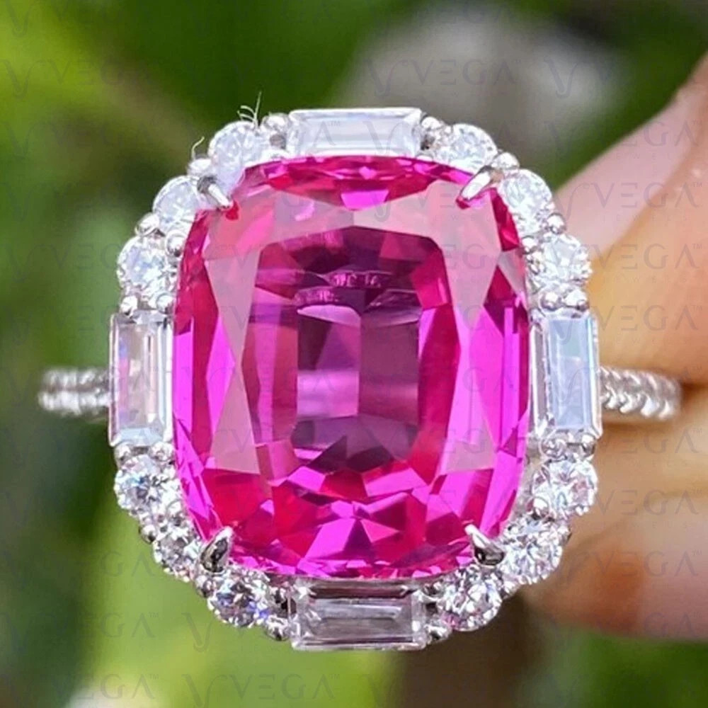 4.55 Ct Cushion Cut Pink Sapphire Diamond Engagement Ring 14K Solid White Gold
