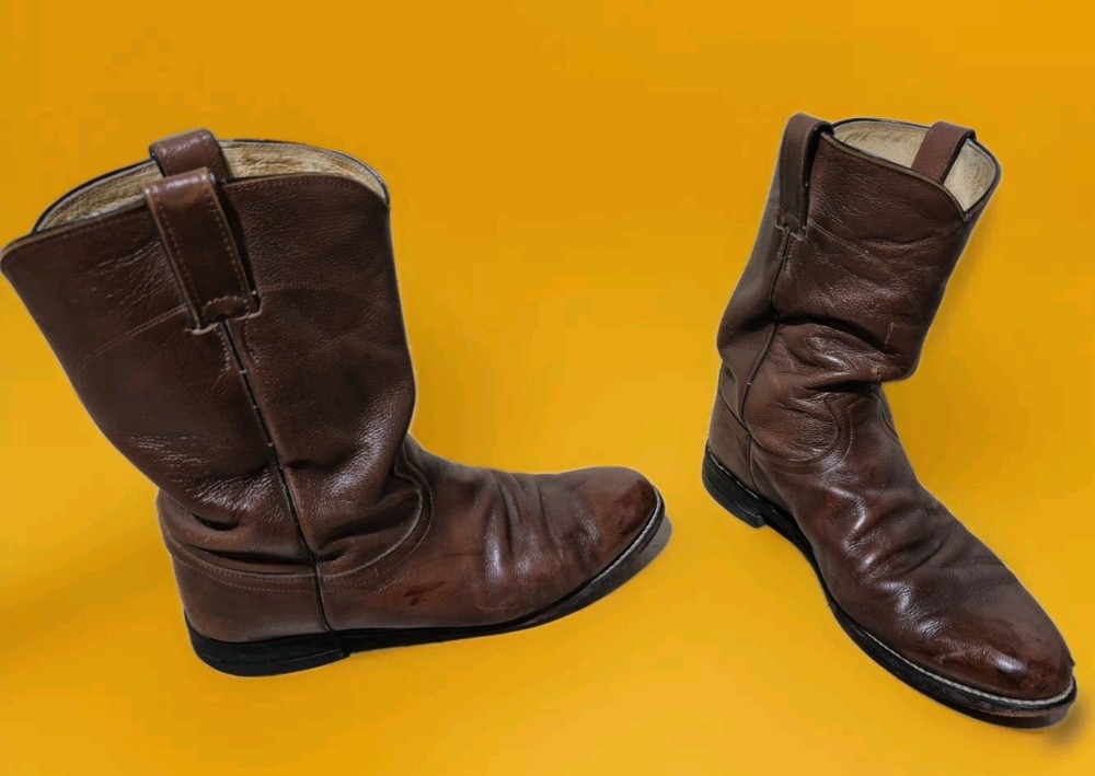 Justin 3714 Mens Brown Leather Roper Boots Size 9.5 EE Wide Width