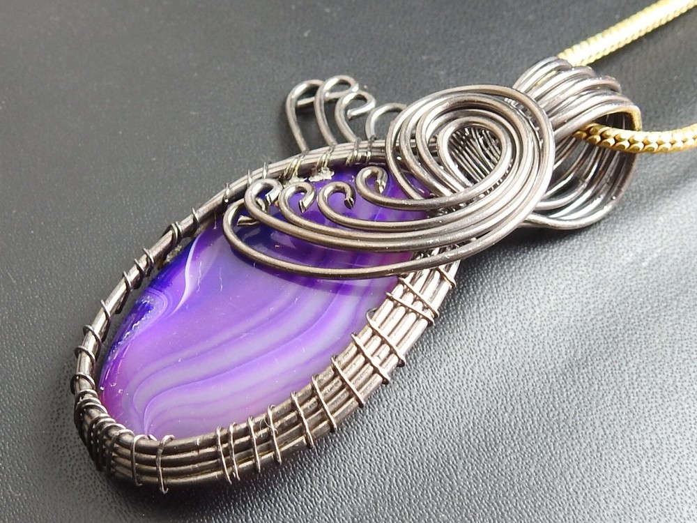 Purple Strip Agate Brass Pendant Silver Oxidised Polished Wire Wrapped Jewelry