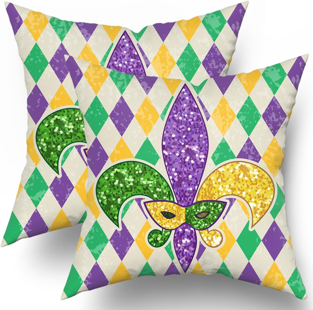 Mardi Gras Pillow Covers 18X18 Set of 2 Beautiful Yellow Purple Green Masquerade