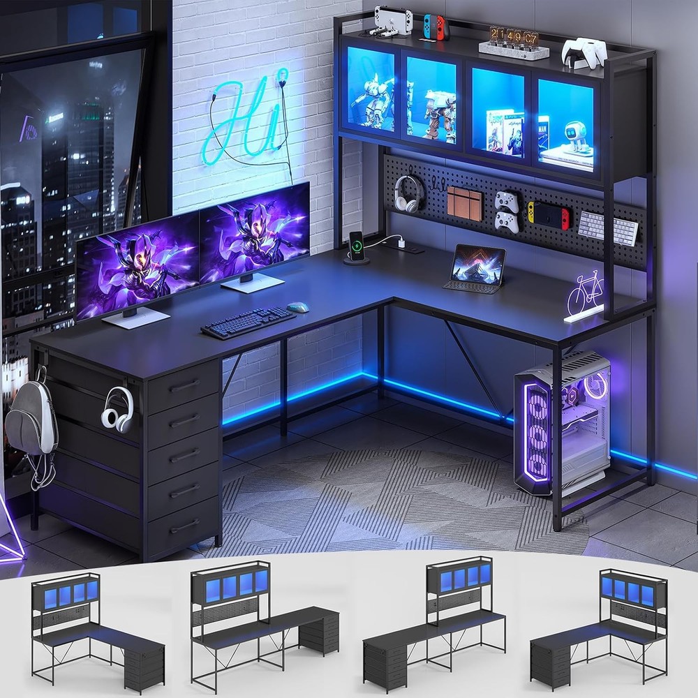 SEDETA L Shaped Gaming Desk with Drawers, L Shaped Computer Desk with Hutch and