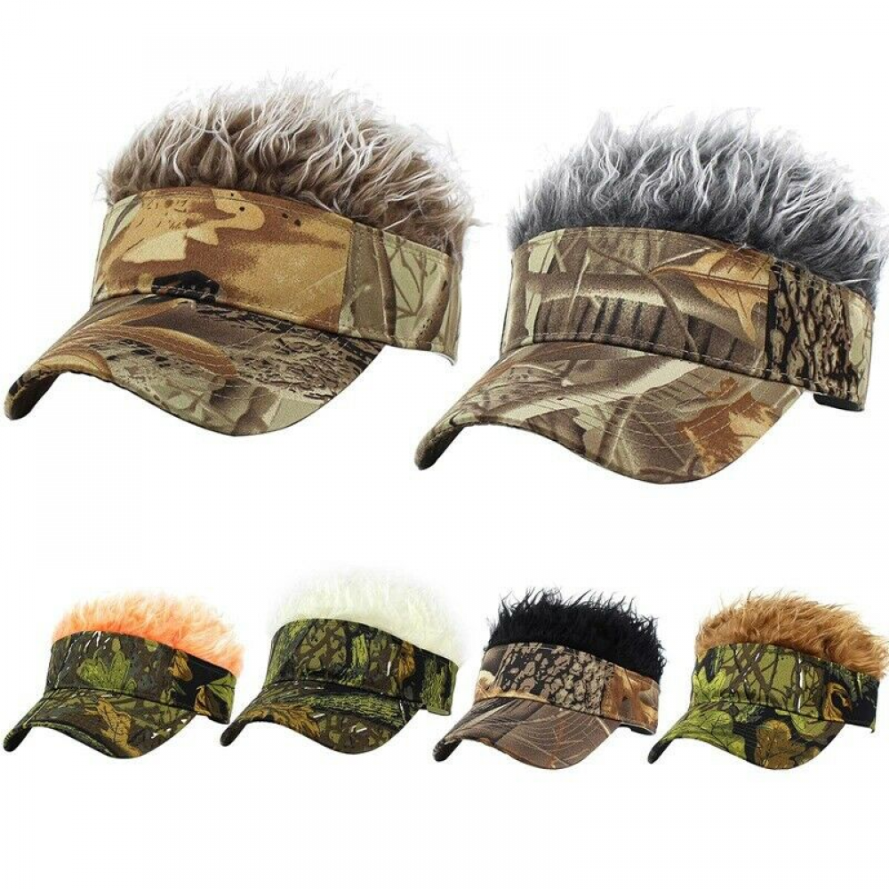 Unisex Camouflage Sun Visor Hat with Fake Hair Adjustable Baseball Cap Styling