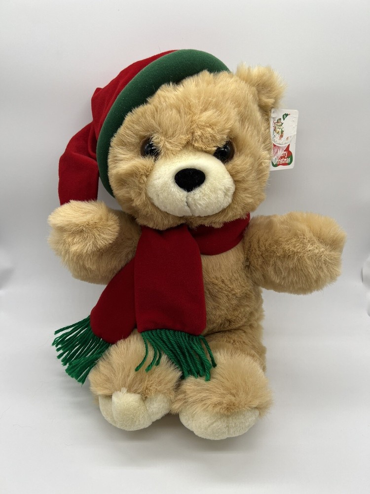 VTG 1989 Kids of America Christmas Brown Red Green Teddy Bear Scarf Hat Plush