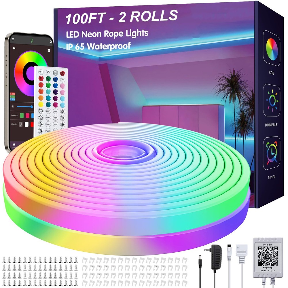 100Ft App-Controlled LED Neon Rope Lights with Remote and IP65 Waterproof Design