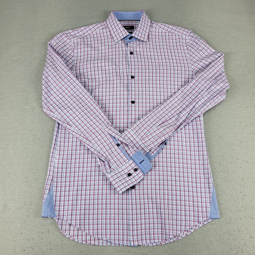 Hugo Boss Juri Shirt Mens 3015.5 Pink Blue Check Slim Fit Cotton Long Sleeve