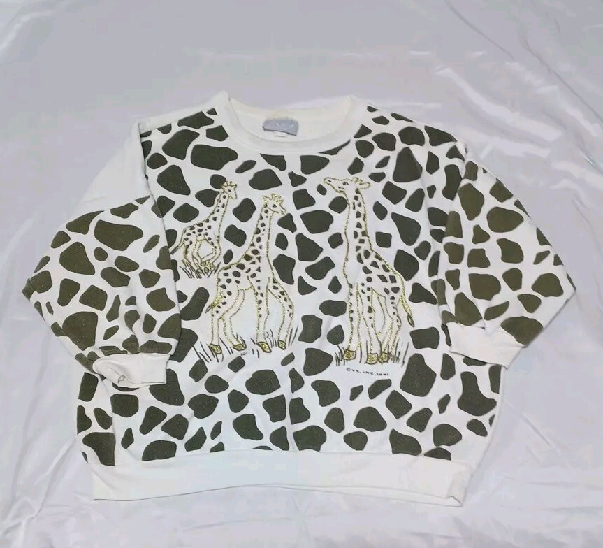 Vtg 1987 Giraffe Allover Print Crewneck Sweater ZAKY Made In USA