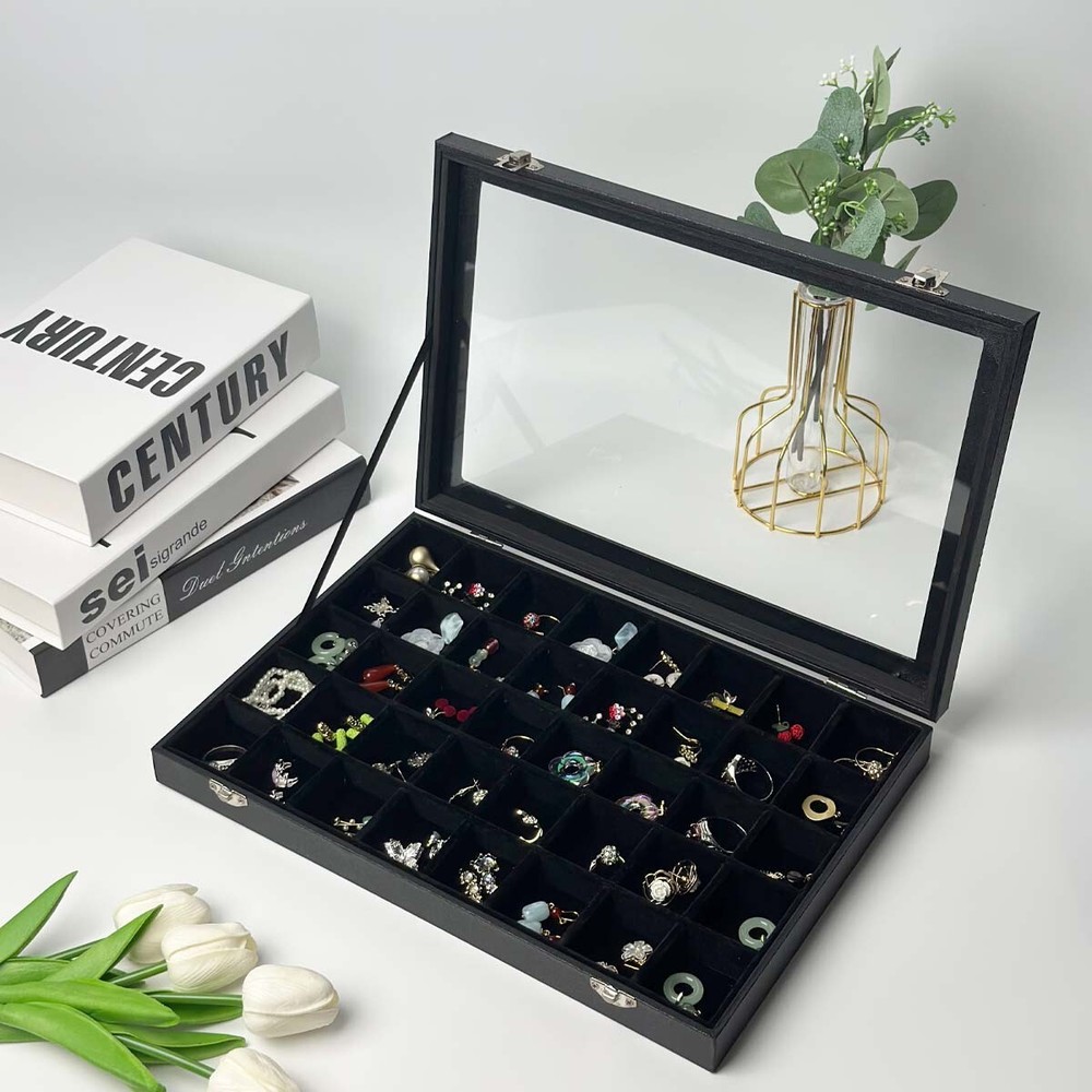 Black Velvet 40 Grid Earring Organizer with Clear Lid Earring Jewelry Storage