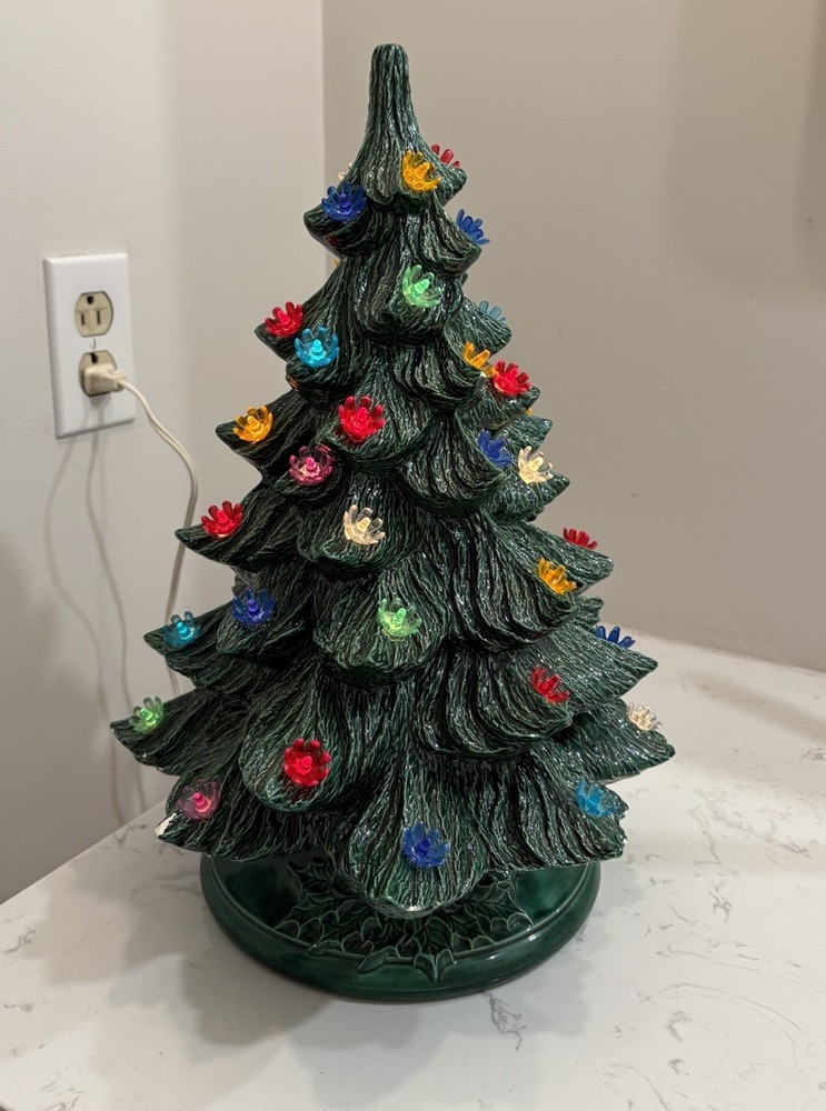 1975 Vintage Ceramic Christmas Tree Lighted with Base 16.5 Inches Tall