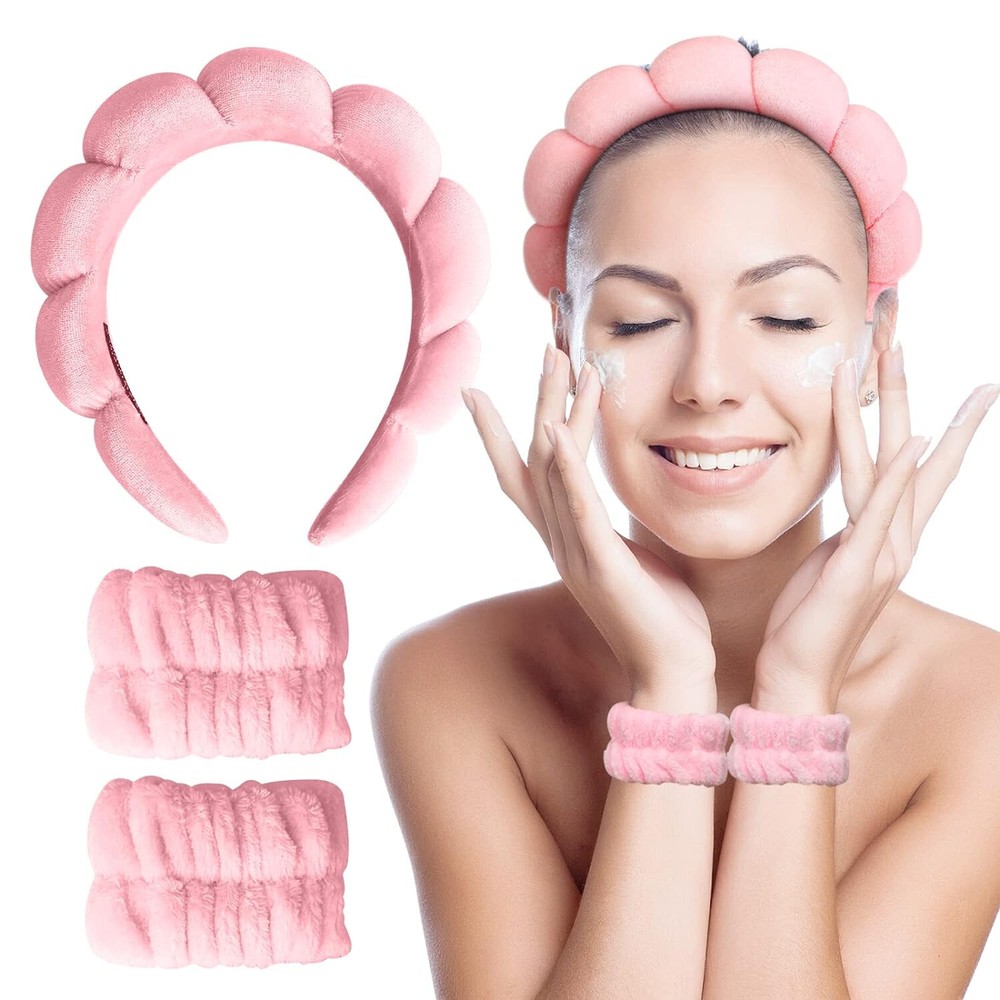 3 PCS Soft Spa Headband and Wristband Set for Face Washing - Pink