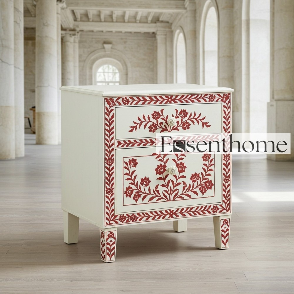 White Bone Inlay Floral Nightstand with 2 Drawers Handcrafted Bedside Table  