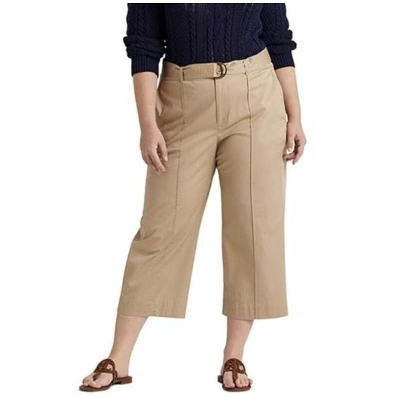 Lauren Ralph Lauren Women Beige Micro Twill Wide-Leg Crop Pants Plus Size 16