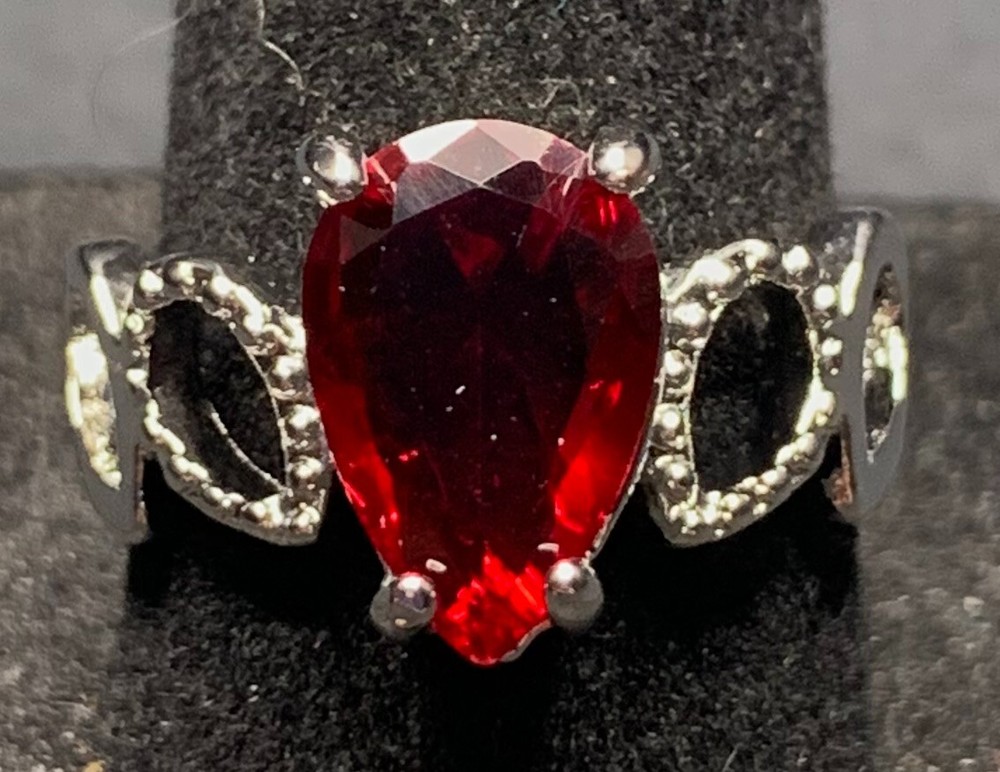 Vintage Antique Silver Tone Red Rhinestone CZ Ring - Size 7