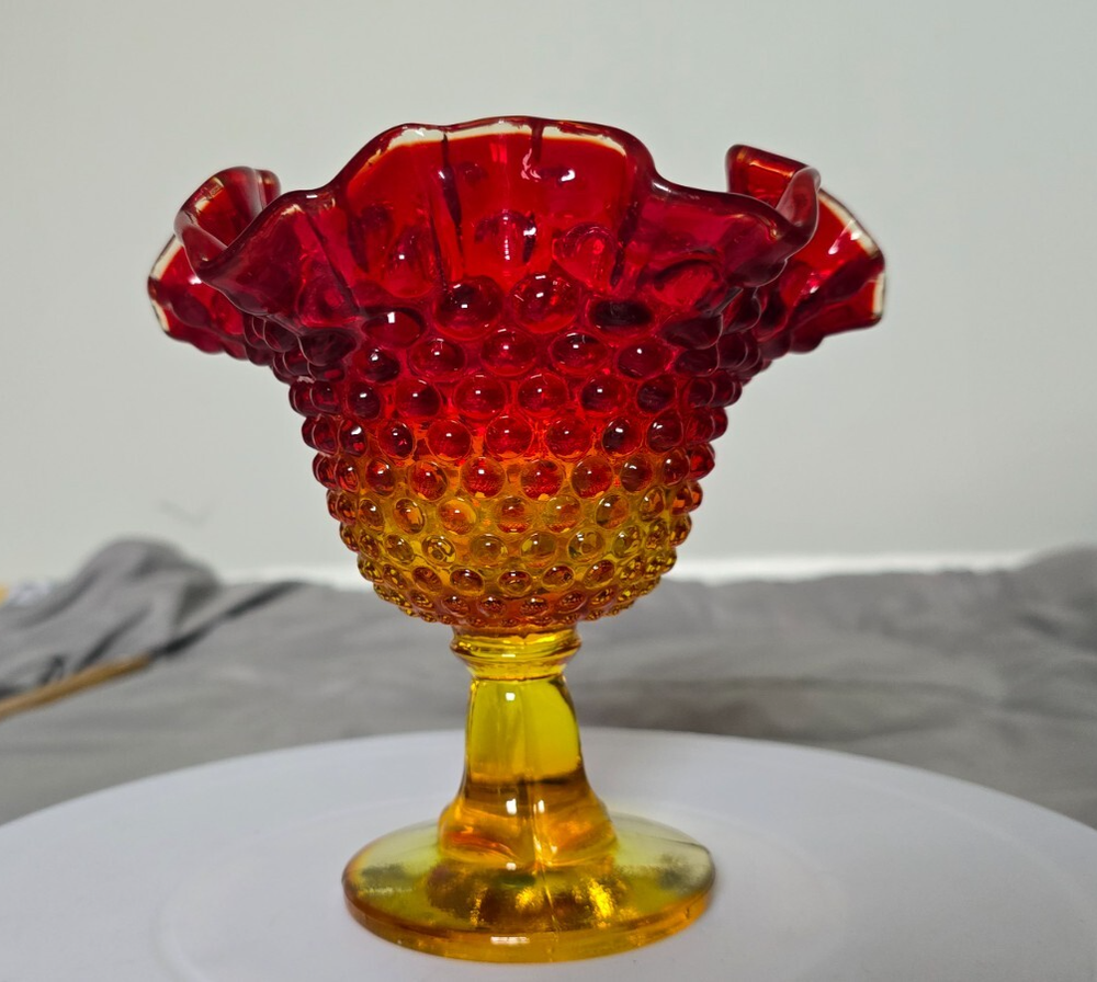 Vintage Amberina Hobnail Ruffled Pedestal Glass Dish  