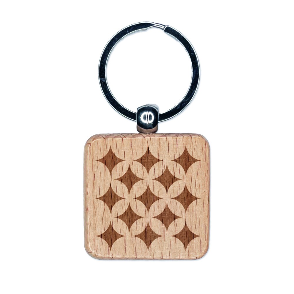 Flowers Circles and Stars Geometric Pattern Engraved Wood Square Keychain