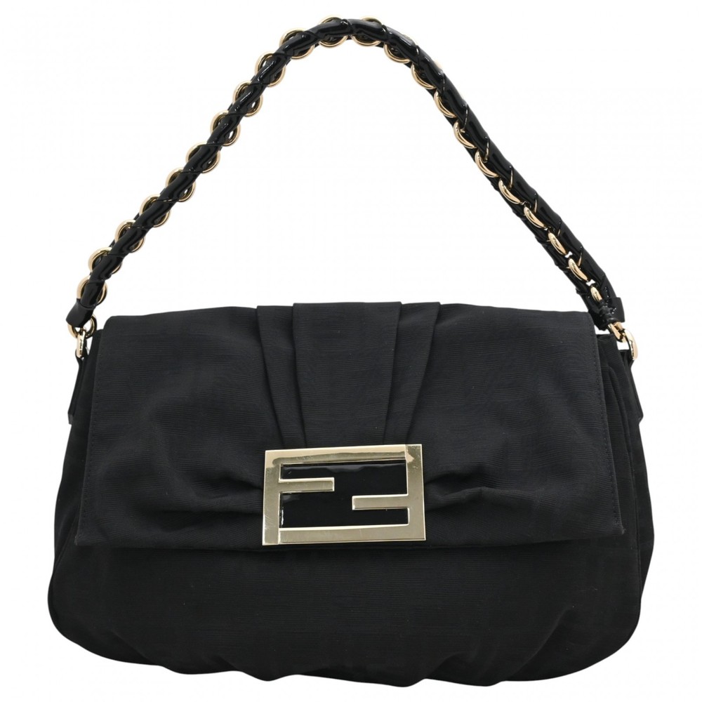 Auth FENDI Mia Zucca Logo Chain Shoulder Bag Black Silver HW fe5576cc