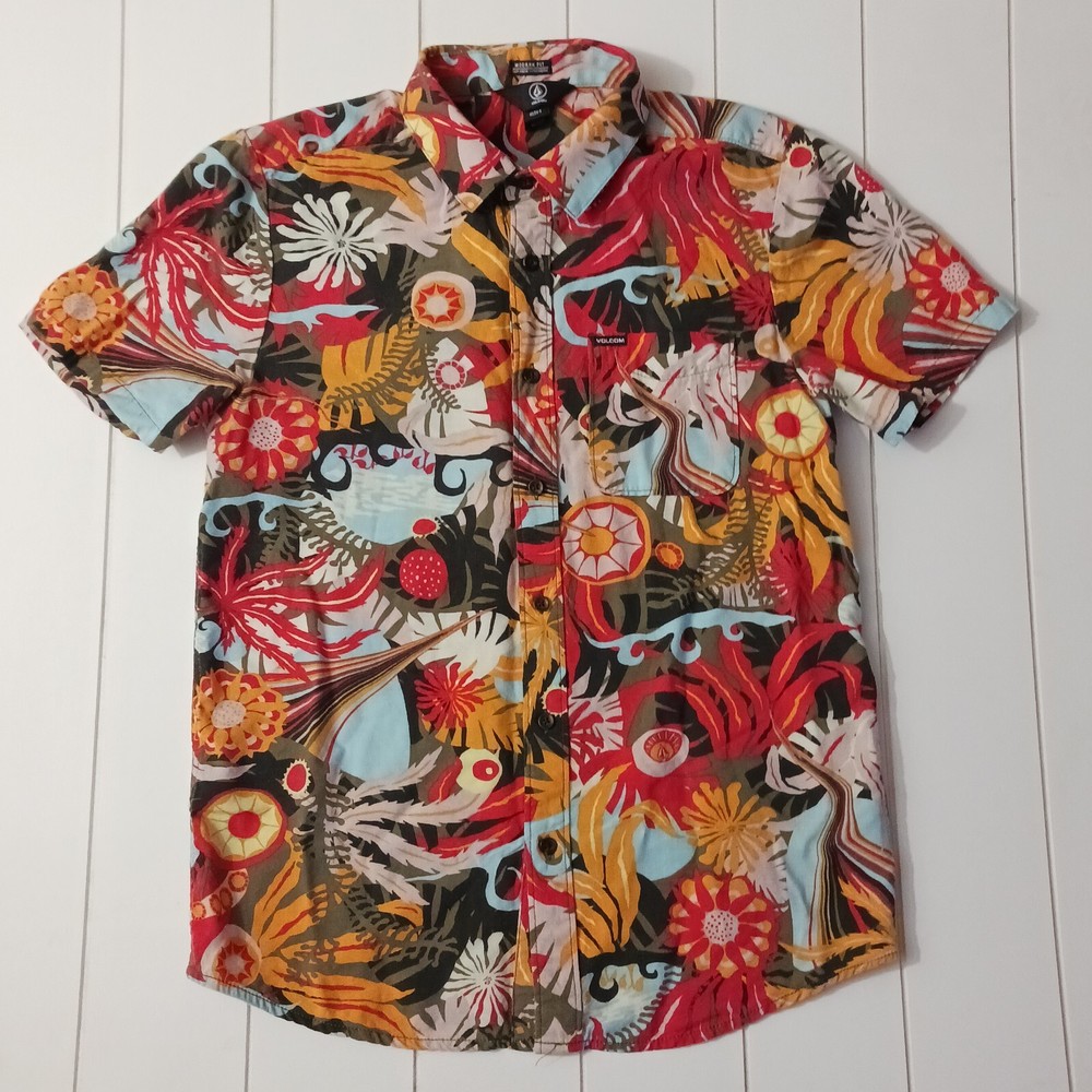 Volcom Hawaiian Shirt Mens Small Orange Yellow Blue Modern Fit Flowers Button