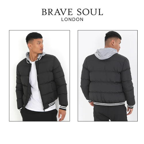 Brave Soul Mens Bomber Varsity Puffer Jacket Padded Hoodie Quilted Coat Jersey