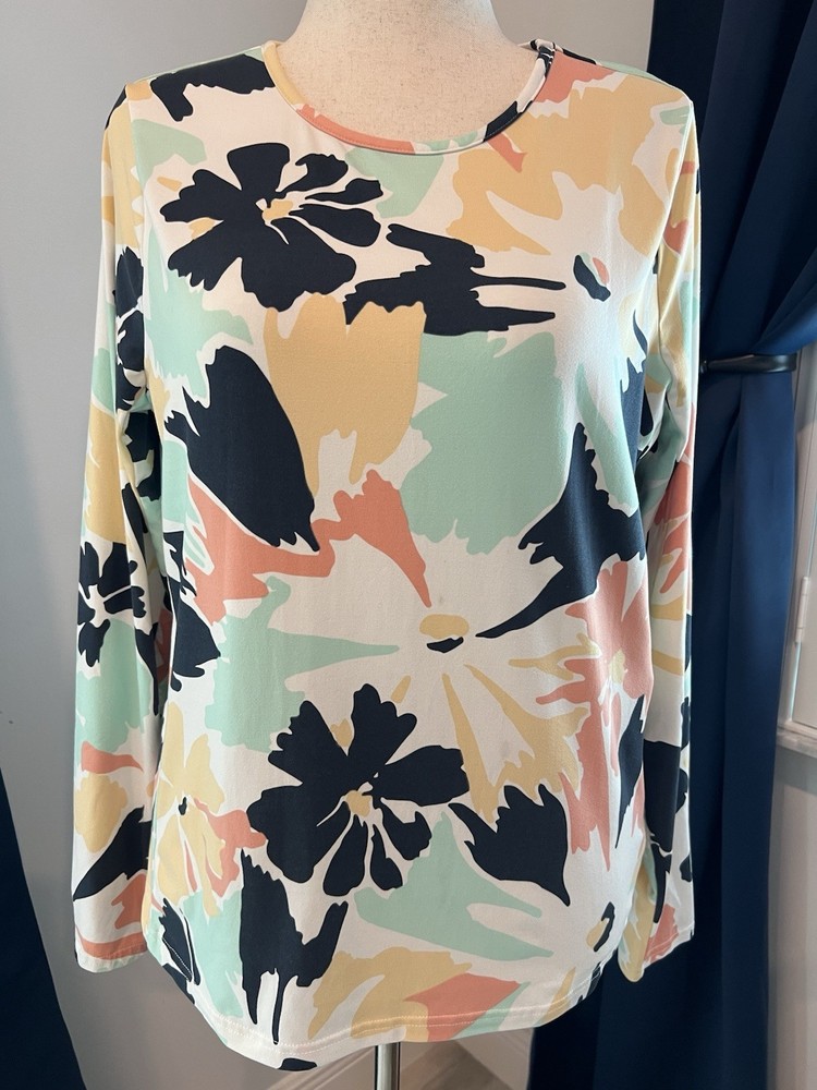 HANG TEN Shirt Womens XL Multicolor Floral Long Sleeve UPF 50+ Rash Guard POCKET