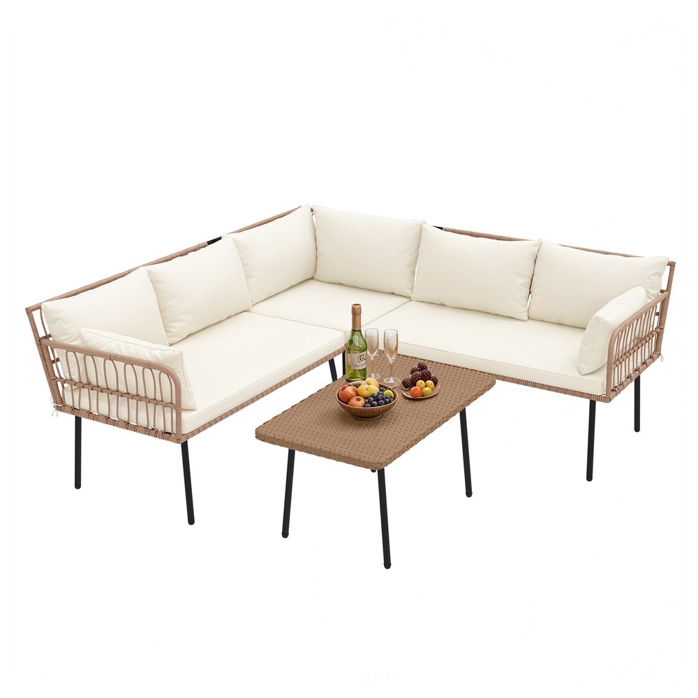 4 Pieces Patio Furniture Set Outdoor Wicker Conversation Sectional L-Shaped Sofa