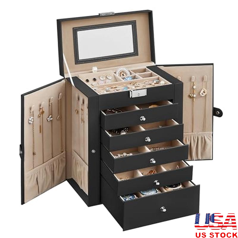 6 Tier Jewelry Box Lockable Organizer W/ Mirror 5 Drawers Necklace Hooks Black