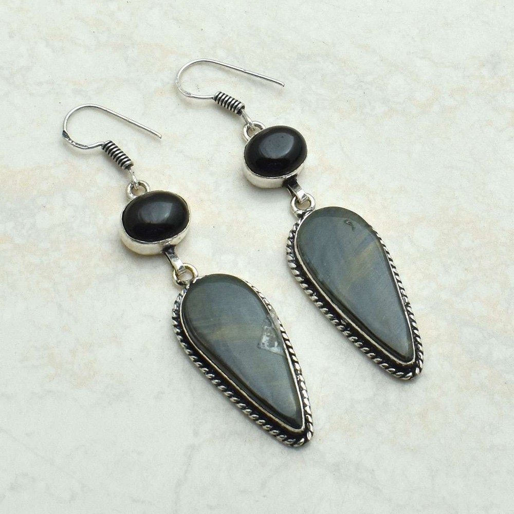 Tiger Eye Black Onyx Gemstone Drop Dangle Earrings Jewelry Women 2.48