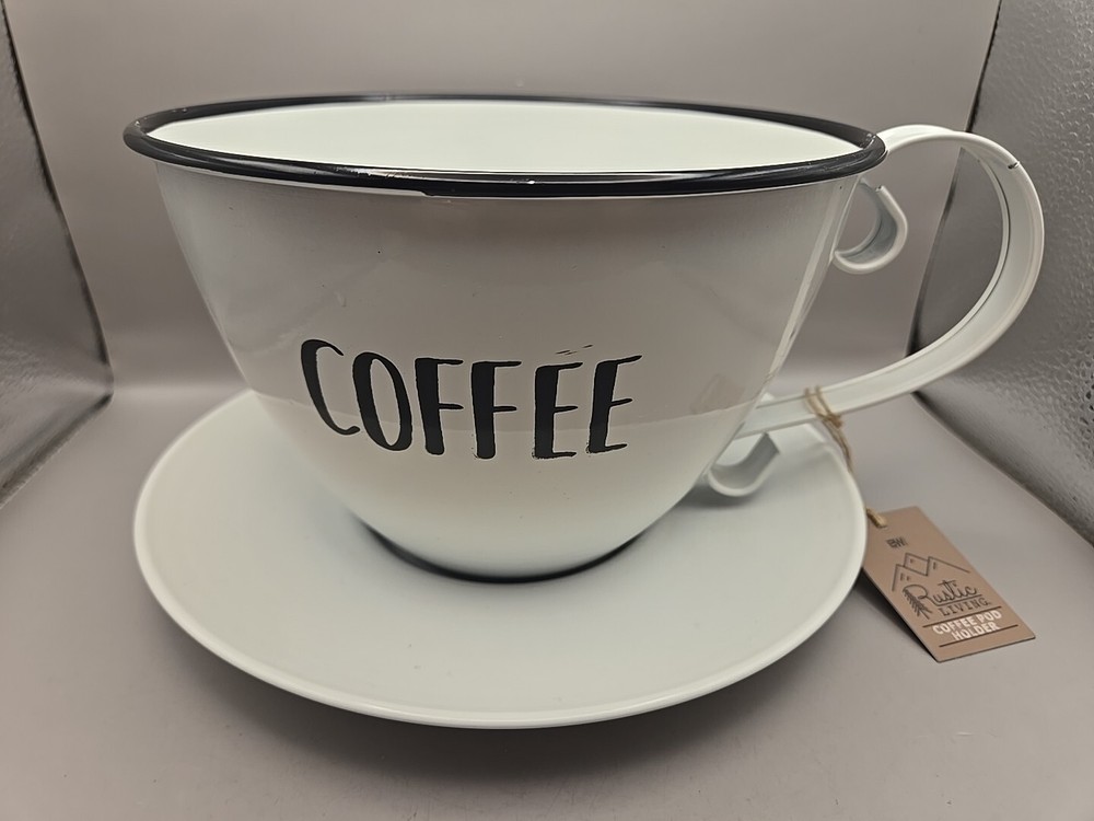 Boston Warehouse Coffee Pod Storage Cup & Saucer Metal White w/Black Letters NEW