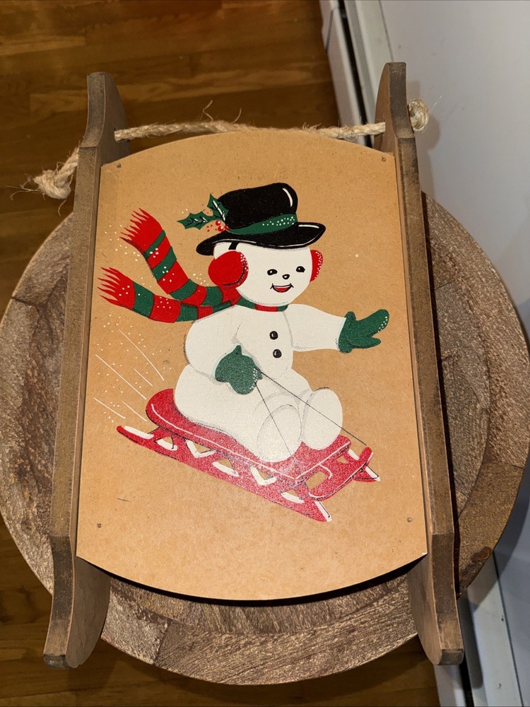 Vtg Christmas Wood Sled Painted With A Snowman on a Red Sled and a Rope Hanger