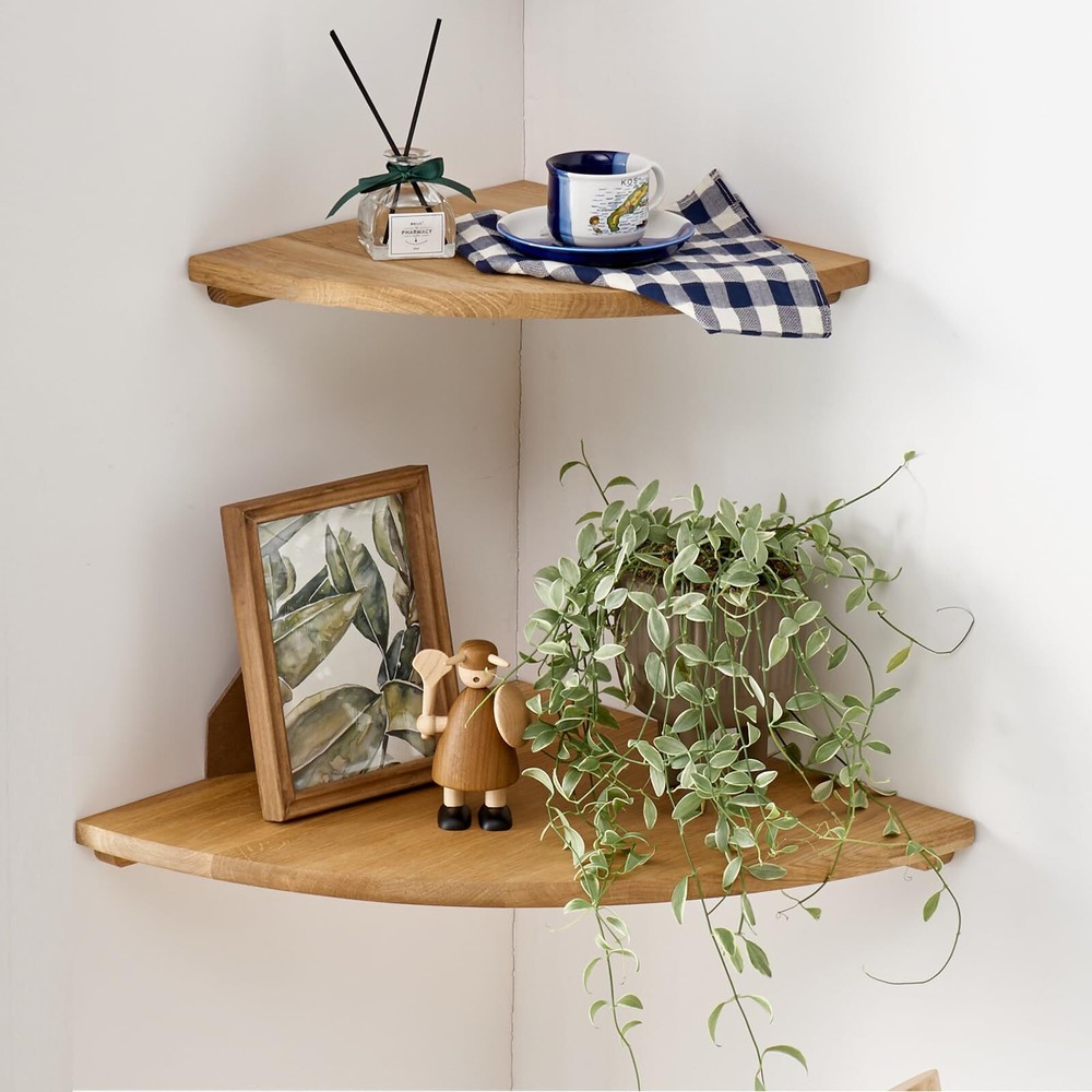7 Inch Oak Wood Floating Corner Shelves Set of 2 Wall Mounted