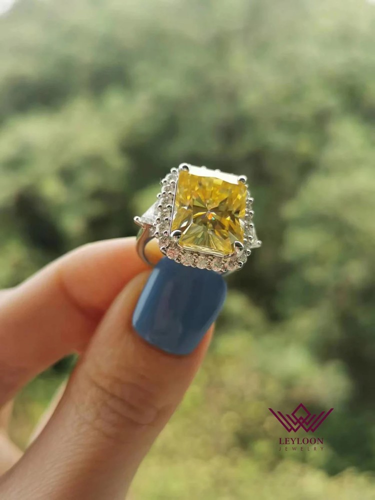 12.5 Carat Radiant Cut Vivid Yellow Halo Three Stone 14K Gold Moissanite Ring