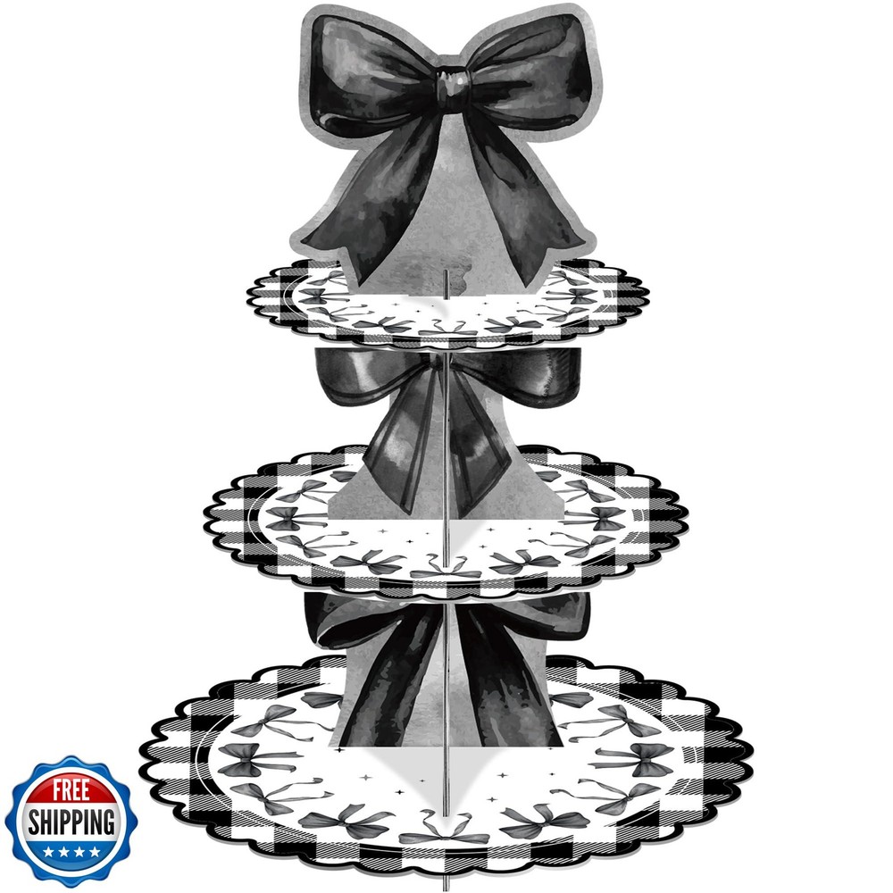 3-Tier Black Bow Birthday Cupcake Stand - Bow-Themed Cardboard Dessert Display