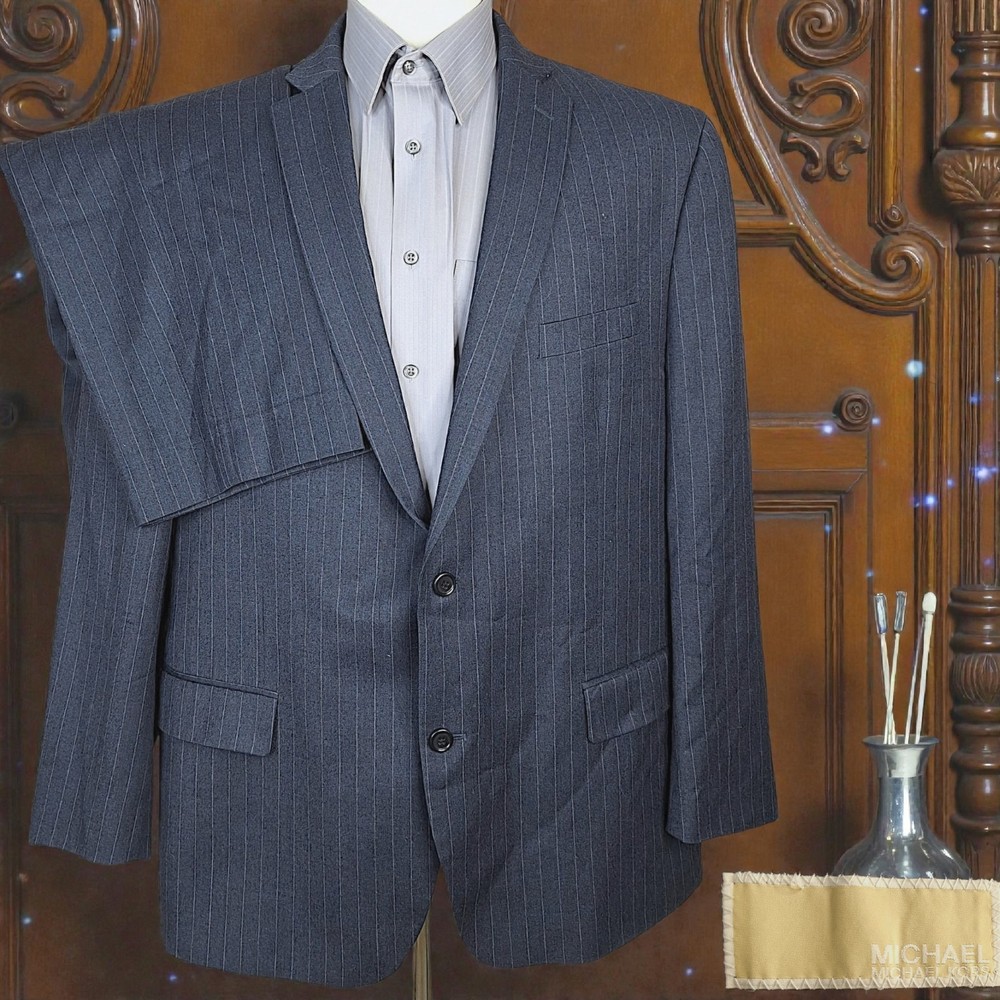 Michael Kors 2 Piece Suit Mens 48R 40X29 Blue Gray Stripe DV Flannel Wool