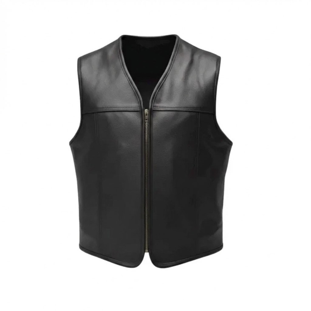 Men's Biker Vest with Black Edges Genuine Cowhide Leather Motorcycle Style Vest