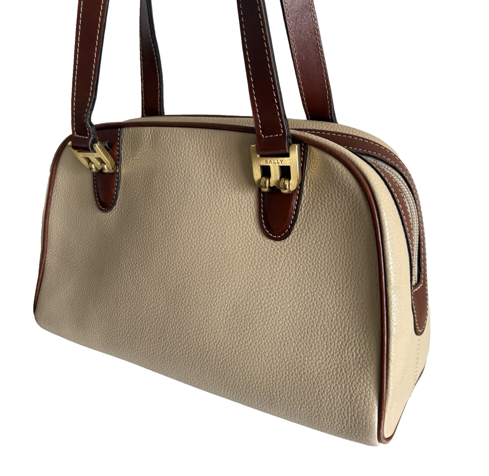 Authentic Bally boston Bag Leather Beige From Japan 0854