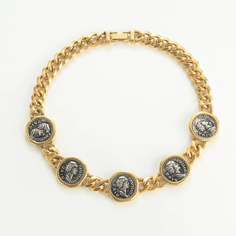 Gold Coin Medallion Necklace – 16.5” Chunky Chain Choker, Roman Style Jewelry