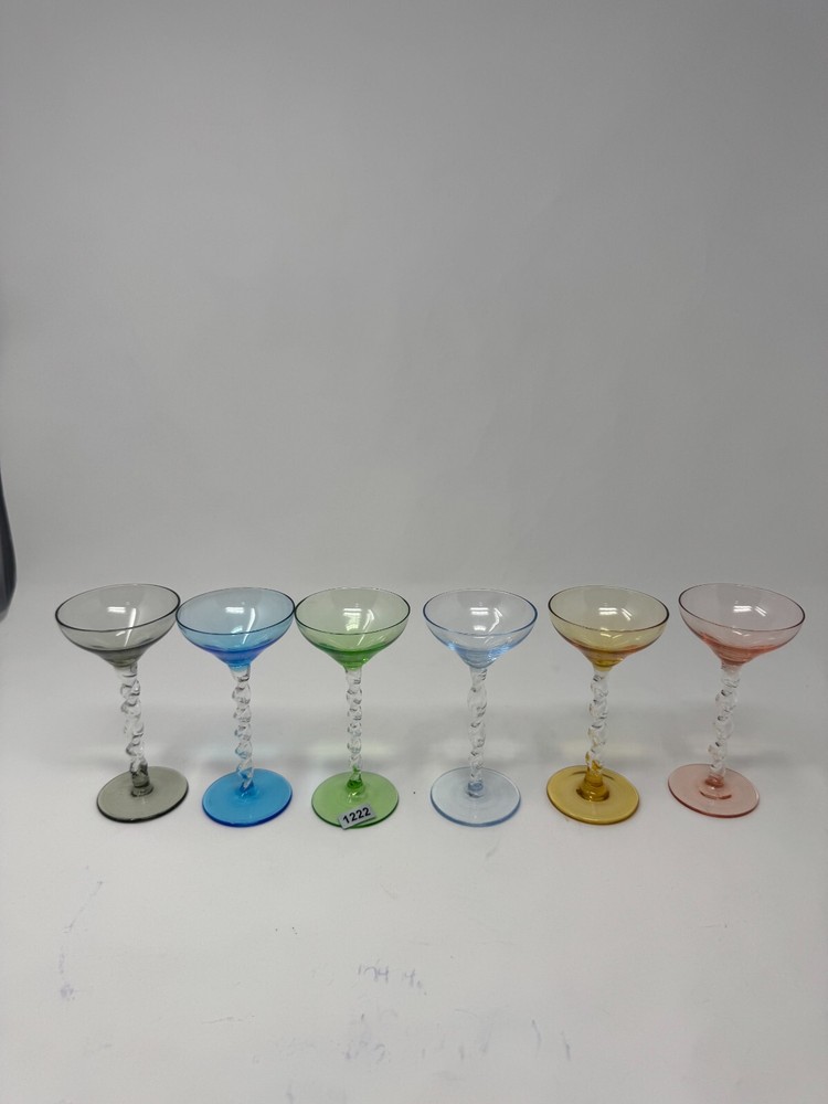Vintage 1960s Multicolor Art Glass Twisted Stem Coupe Glasses Set of 6