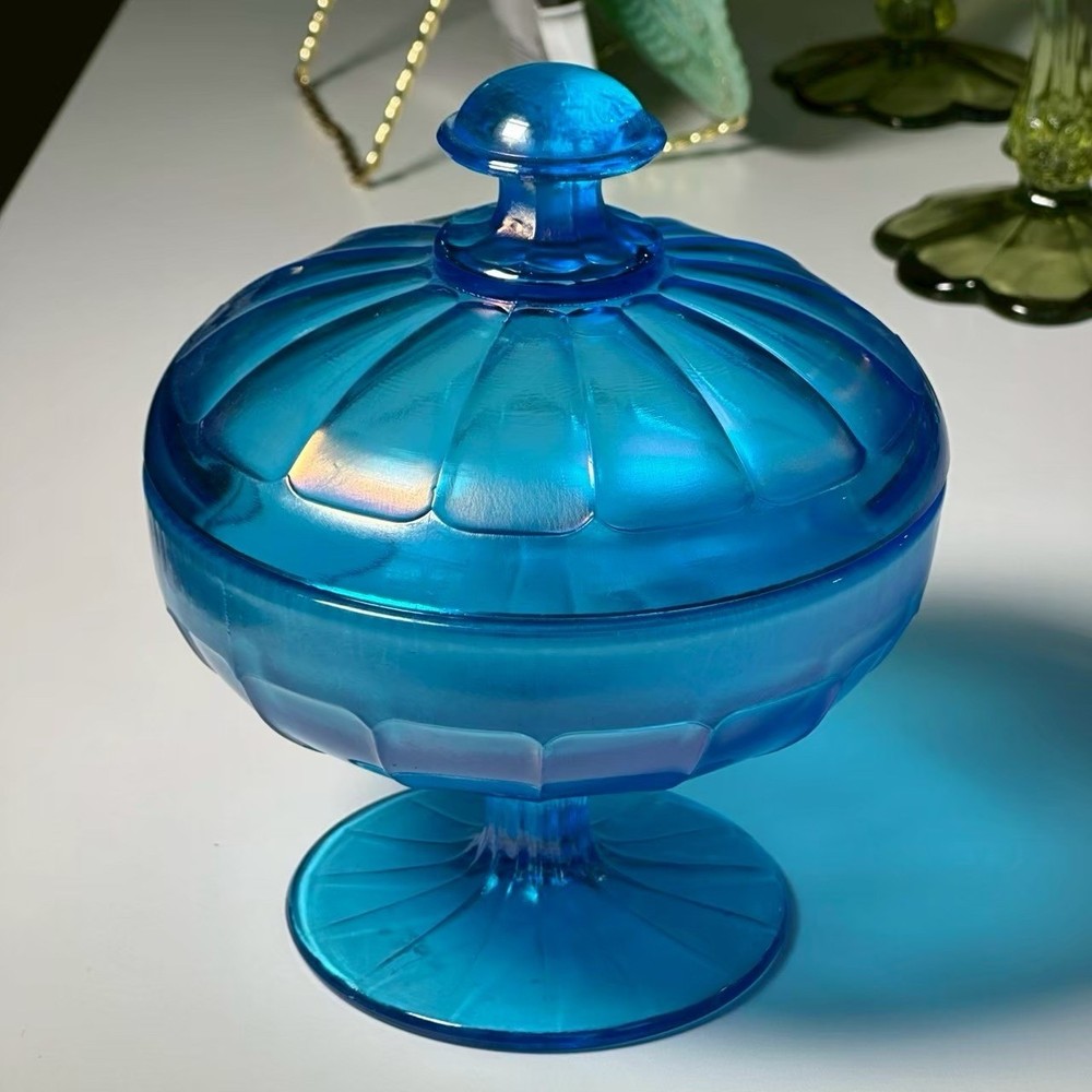 Fenton Celeste Blue Stretch Glass Iridescent Candy Dish w/Lid Covered Compote